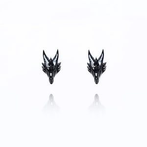 Stainless Steel Cute Small Earrings, Black Dark UV/Resin Epoxy Handmade Fantasy Dragon Head, Stud earrings, Dragon Jewelry, Gothic, Goth