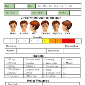 Op de afbeelding: Een printbaar hoofdpijn-trackingformulier met secties om de datum, tijd, locatie van de pijn, ernst, triggers en verlichtingsmaatregelen te registreren. Het formulier bevat een diagram van het hoofd met cirkels om aan te geven waar de pijn zich bevindt.