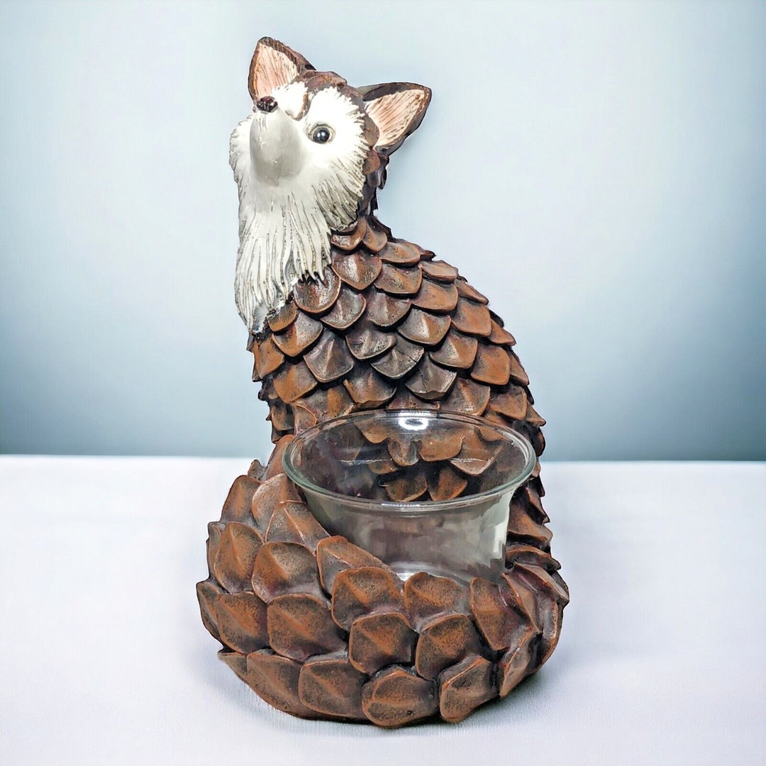 Pier 1 Fox Candle Holder Woodland Rustic Cabin Carved Look Brown Votive