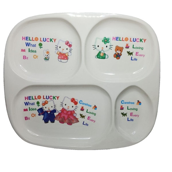 Hello Lucky Kitty Divided Separated Childrens Toddler Plates Dishes Set Of 4