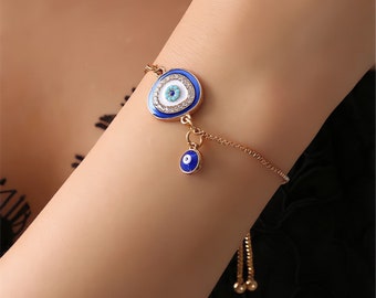 Vergoldetes Evil Eye Armband Damen | Minimalistisches Kristallarmband | Verstellbares Glücksbringer-Schutzarmband | Geschenk für Frauen