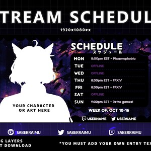 Puede incluir: Una plantilla de programaci&oacute;n de transmisi&oacute;n digital de arte p&uacute;rpura y negro con una silueta blanca de una persona con orejas de gato. El texto "STREAM SCHEDULE" est&aacute; en la parte superior de la plantilla. El texto "SCHEDULE" est&aacute; en un tama&ntilde;o de fuente m&aacute;s grande y est&aacute; en japon&eacute;s. El texto "YOUR CHARACTER OR ART HERE" est&aacute; en un cuadro blanco. El texto "WEEK OF: OCT 10-16" est&aacute; en la parte inferior de la plantilla. El texto "USERNAME" est&aacute; junto a un icono de Twitch y un icono de Twitter.