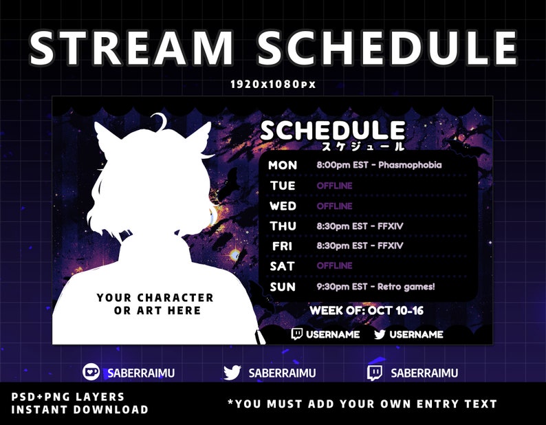 Puede incluir: Una plantilla de programaci&oacute;n de transmisi&oacute;n digital de arte p&uacute;rpura y negro con una silueta blanca de una persona con orejas de gato. El texto "STREAM SCHEDULE" est&aacute; en la parte superior de la plantilla. El texto "SCHEDULE" est&aacute; en un tama&ntilde;o de fuente m&aacute;s grande y est&aacute; en japon&eacute;s. El texto "YOUR CHARACTER OR ART HERE" est&aacute; en un cuadro blanco. El texto "WEEK OF: OCT 10-16" est&aacute; en la parte inferior de la plantilla. El texto "USERNAME" est&aacute; junto a un icono de Twitch y un icono de Twitter.