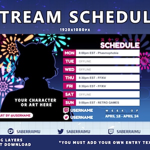 Stream Schedule Template / Fireworks / Blue / Stream Assets / Streamer / Vtuber Graphics / Twitch Graphics