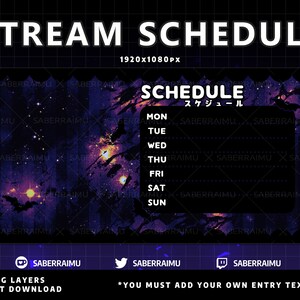 Puede incluir: Una plantilla de programaci&oacute;n de transmisi&oacute;n digital p&uacute;rpura y negra con un fondo de galaxia. La plantilla incluye una programaci&oacute;n para cada d&iacute;a de la semana, con espacio para agregar tu propio texto. El texto "SCHEDULE" y "スケジュール" se muestra en blanco sobre un fondo negro.