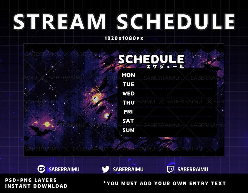Puede incluir: Una plantilla de programaci&oacute;n de transmisi&oacute;n digital p&uacute;rpura y negra con un fondo de galaxia. La plantilla incluye una programaci&oacute;n para cada d&iacute;a de la semana, con espacio para agregar tu propio texto. El texto "SCHEDULE" y "スケジュール" se muestra en blanco sobre un fondo negro.
