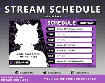 May include: Purple and black streamer schedule template with a customisable character or art space, a username box, and a schedule for the week of June 13-19. The schedule includes times and games for each day of the week.