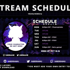 Purple Stream Schedule Template | Gothic Vtuber Schedule | Vtuber Graphics | Twitch Graphics