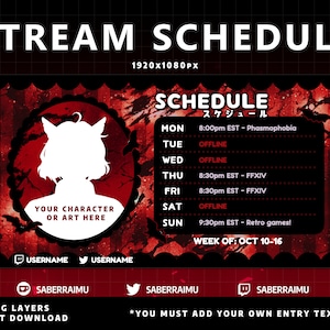 Red Stream Schedule Template | Gothic Vtuber Schedule | Vtuber Graphics | Twitch Graphics