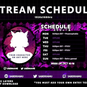 Purple Stream Schedule Template | Gothic Vtuber Schedule | Vtuber Graphics | Twitch Graphics