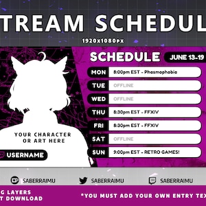Purple Stream Schedule Template / Star Chart / Stream Assets / Streamer / Vtuber Graphics / Twitch Graphics
