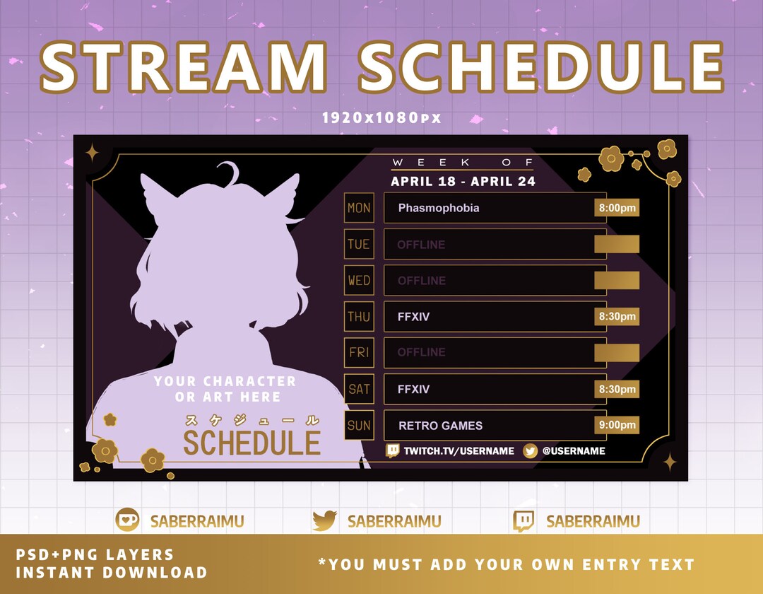 Gold Stream Schedule Template / Elegant Purple / Stream Assets Etsy