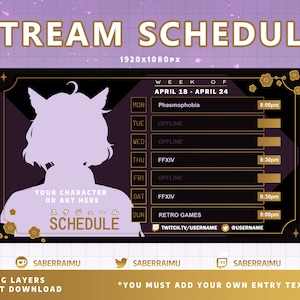 Gold Stream Schedule Template / Elegant Purple / Stream Assets / Streamer / Vtuber Graphics / Twitch Graphics