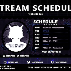 Black Stream Schedule Template | Gothic Vtuber Schedule | Vtuber Graphics | Twitch Graphics