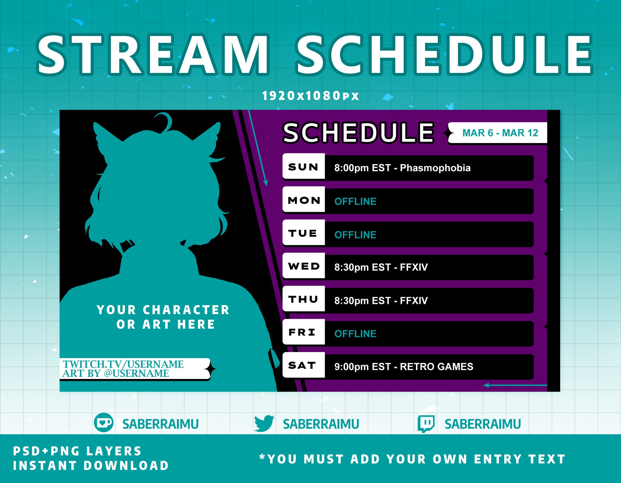 Purple Stream Schedule Template / Modern Stream Schedule / Stream