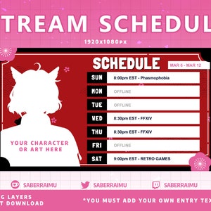 Red Stream Schedule Template / Stream Assets / Streamer / Vtuber Graphics / Twitch Graphics