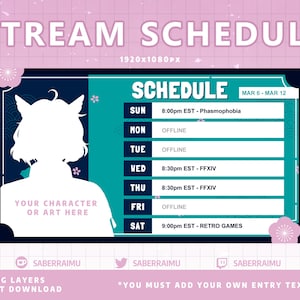 Teal Blue Stream Schedule Template / Stream Assets / Streamer / Vtuber Graphics / Twitch Graphics