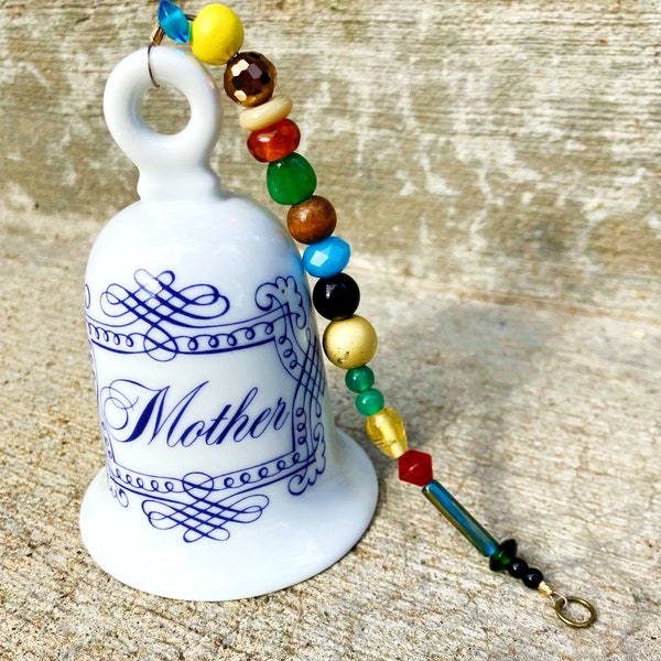 Elegant Mother Porcelain Bell w/ Handmade Glass Bead Chain | Vintage Bavarian Bell w/ Vibrant Artistic Chain | Beautifully Rare Gift for Mom