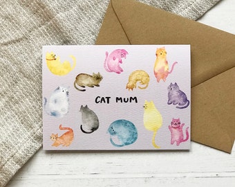 Tarjeta de felicitación de acuarela para mamá gata – Diseño original pintado a mano