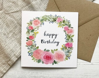 Rose Wreath Happy Birthday Card - Square Greeting Card - Blank Inside