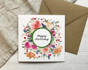 Happy Birthday Floral Wreath - Square Greeting Card - Blank Inside