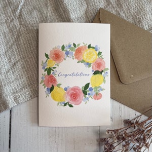 Tarjeta de felicitación de felicitación de corona de rosas y limón - Felicitaciones de boda - Felicitaciones de nuevo bebé - Logro - Nuevo hogar