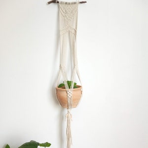 May include: A macrame plant hanger with a terracotta pot and a green plant hanging from a wooden dowel. The hanger is made of natural cotton cord and has a simple, geometric design.