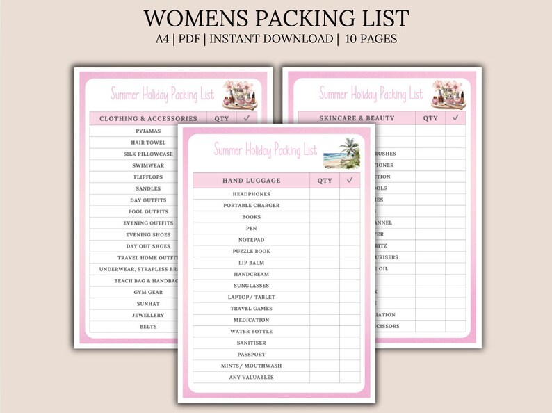 Travel Packing List for Women Printable, Travel Checklist, Trip ...