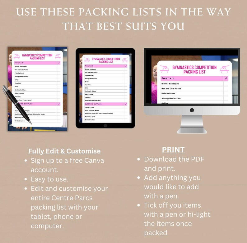 Editable Gymnastic's Competition Packing List for Family, Printable ...