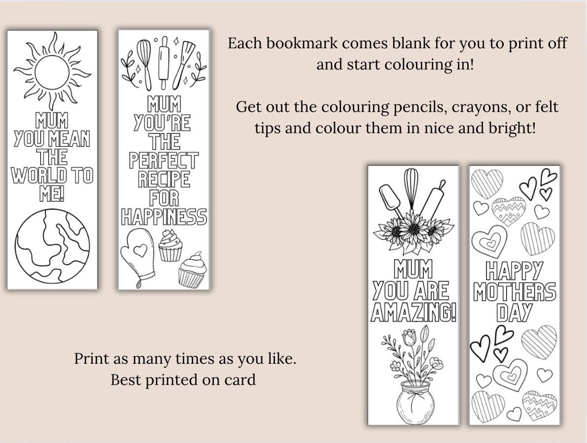 Mum Colouring Bookmarks Printable, Mothers Day Bookmarks, Bookmarks for ...