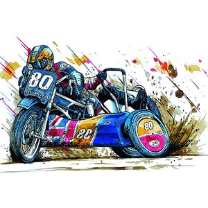 A4 Grasstrack 1000cc Sidecar Motorcycle Racing Print. Will Offen / Steve Hargreaves