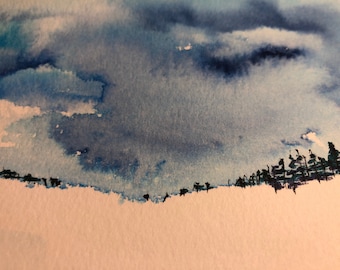 Original Watercolor painting of winter sky Christmas evergreen pine trees