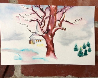 Original watercolor of snowy Christmas Advent church scene