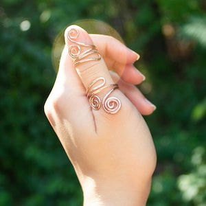 May include: A thumb ring made of twisted copper wire with a spiral design. The ring is worn on a person's thumb.