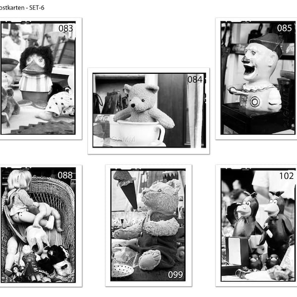Skurrile Postkarten in schwarz-weiss Set—6  Halloween - Puppen - Teddys - Gothic
