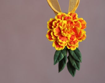 Marigold pendant, marigold jewelry, flower pendant, polymer clay jewelry, orange pendant ,bright floral necklace