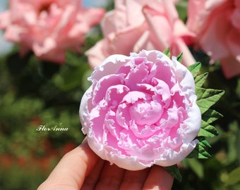 Pink Peony Hair Clip: Large Polymer Clay Flower Brooch