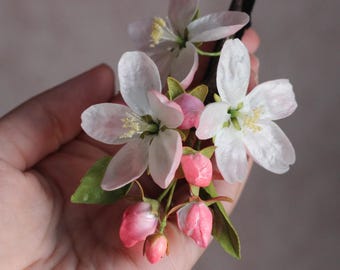 Handmade Pink Apple Blossom Hair Clip: Botanical Wedding Barrette