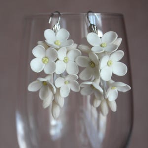 Elegant White Floral Dangle Earrings, Handmade Polymer Clay Flower Earrings, Lightweight Spring Jewelry