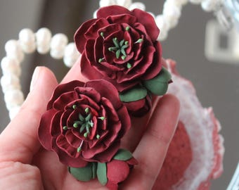 Burgundy peony earrings, Earrings flowers,