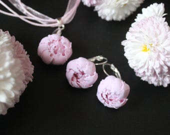 Pink Peony Earrings and Pendant- Floral Jewelry Set • Soft Blush Floral Gift for Women • Bridal Flower Jewelry- Powder Earrings