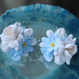 Handmade Forget-Me-Not Dangle Earrings: Sky Blue Cold Porcelain Flowers