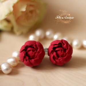 Red Peony Earrings: Handmade Polymer Clay Miniature Flower Jewelry