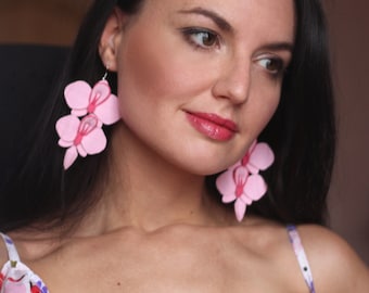 Pink Orchid Earrings: Polymer Clay Flower Earrings, Bridal Jewelry