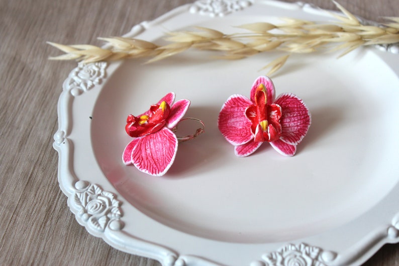 Pink orchid earrings, Pink bride earrings, Flower earrings, bridesmaids orchid, wedding stuff, beach weddings, Pink jewelry, mother day gift image 3