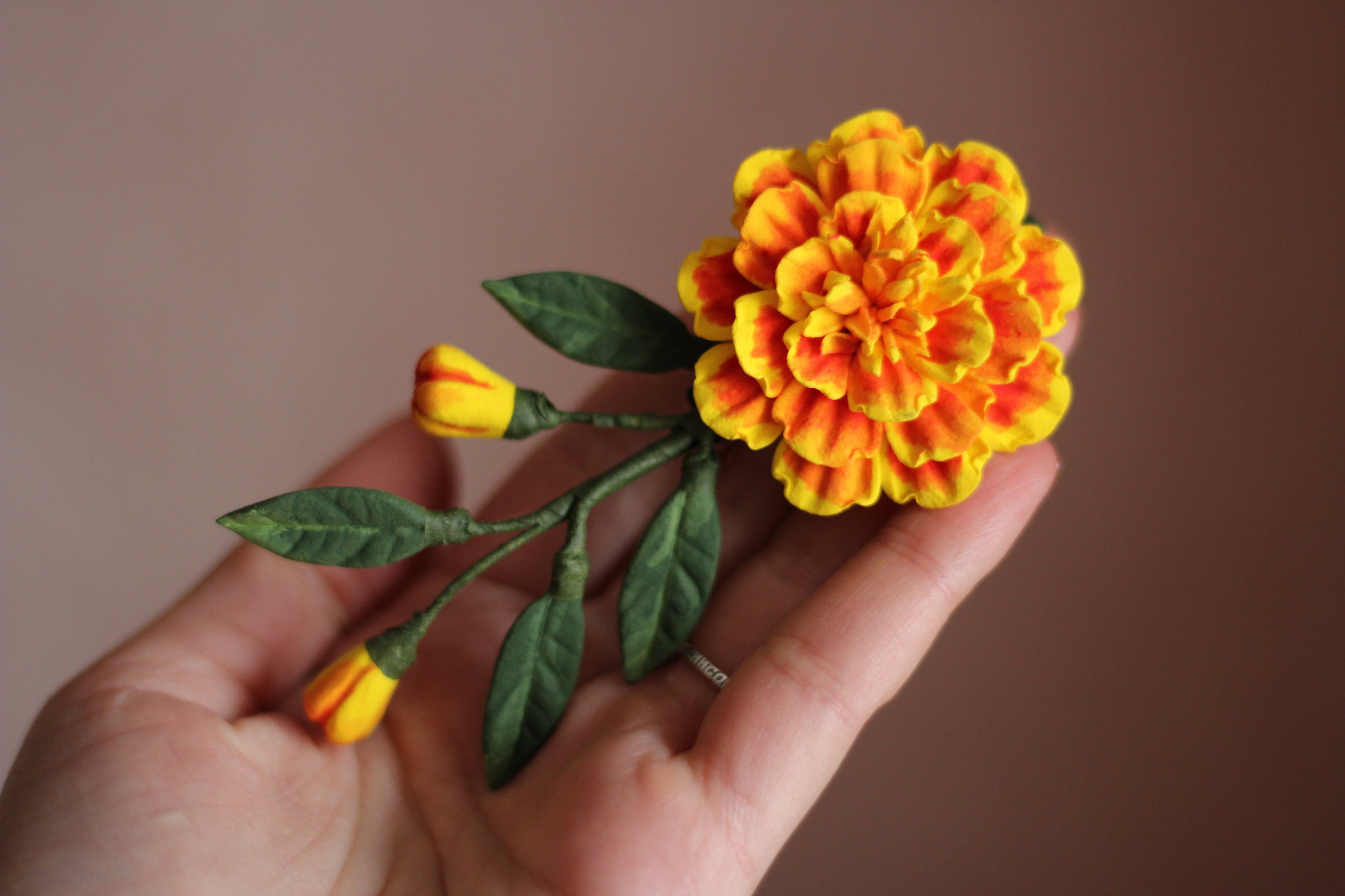 Handmade Marigold Flower Hair Clip: Polymer Clay Bridal Accessory