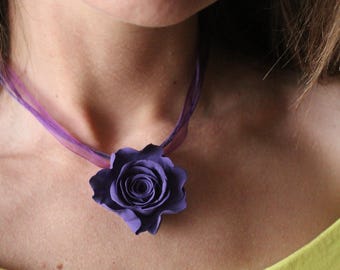 Purple Pendant – Rose necklace-Handmade Polymer Clay Jewelry
