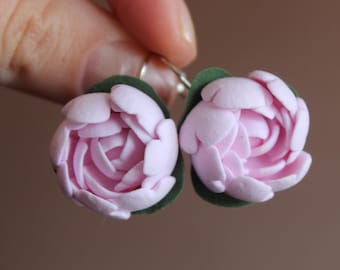 Handmade Pink Peony Earrings: Polymer Clay Floral Studs