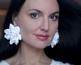 Large White Floral Earrings: Polymer Clay Flower, Bridal Jewelry