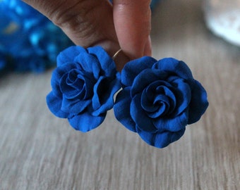 Handmade Dark Blue Rose Earrings: Polymer Clay Floral Jewelry
